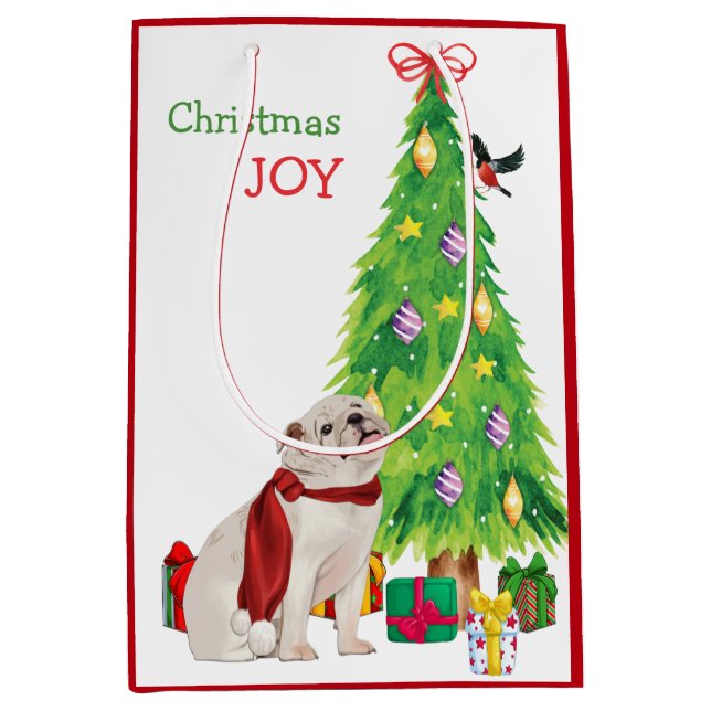 White Bulldog, Bird, and Christmas Tree Medium Gift Bag (Front)