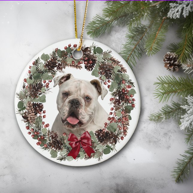 White Bulldog Pinecone Wreath Personalised Ceramic Tree Decoration (Creator Uploaded)