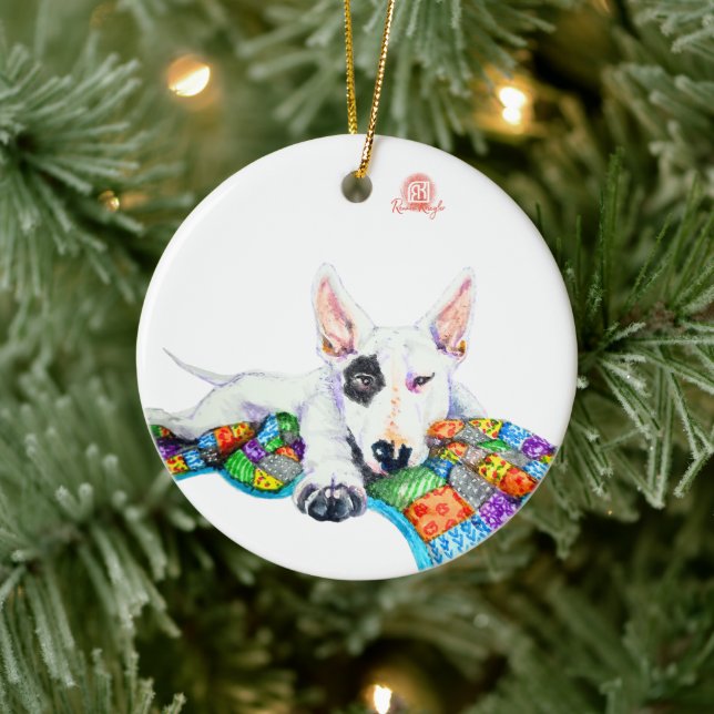 White Bullterrier on Patchwork - Art Ceramic Tree Decoration (Tree)