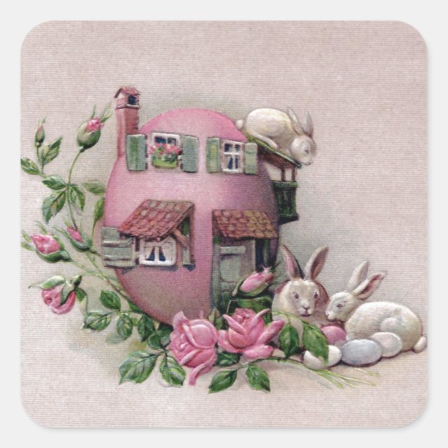 White Bunnies and Easter Egg House Square Sticker (Front)