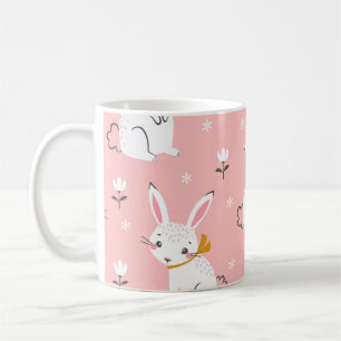 White Bunnies: Cute Floral Seamless Coffee Mug