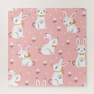 White Bunnies: Cute Floral Seamless Jigsaw Puzzle