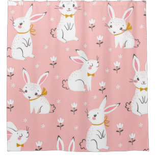 White Bunnies: Cute Floral Seamless Shower Curtain