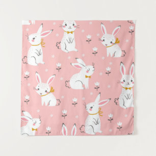 White Bunnies: Cute Floral Seamless Tapestry