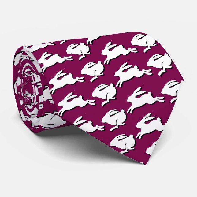 White Bunnies Hopping Wine Coloured Easter Fashion Tie (Rolled)