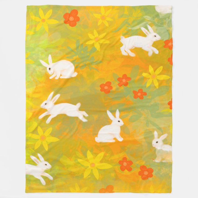 White bunnies on a flower filed fleece blanket (Front)