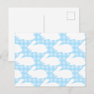 White Bunnies on Pastel Blue Gingham Pattern Postcard