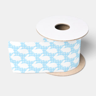 White Bunnies on Pastel Blue Gingham Pattern Satin Ribbon