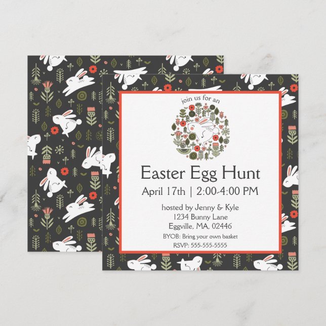 White Bunnies & Spring Flowers Easter Invitation (Front/Back)