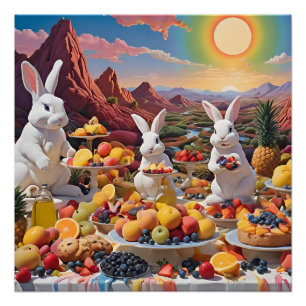 White Bunnies with Fruit Landscape Poster