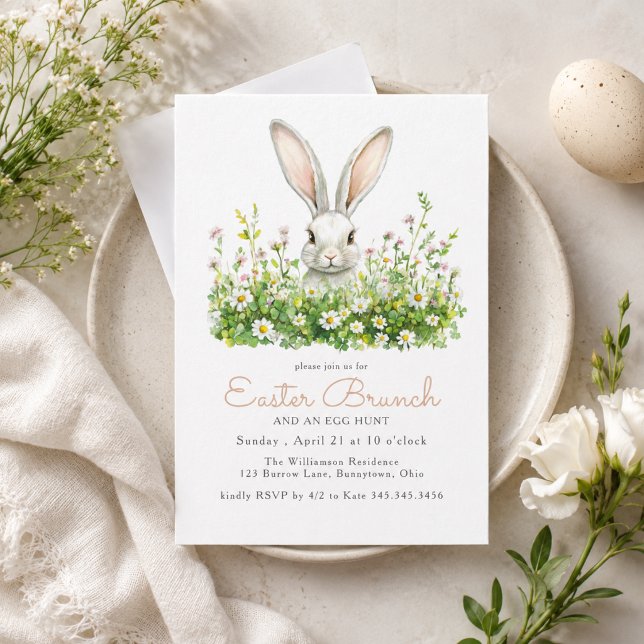 White Bunny and Florals Easter Brunch Egg Hunt Invitation (Add your Easter Brunch details to customize)