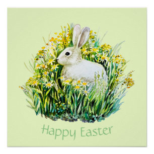 White bunny and flowers, happy easter poster