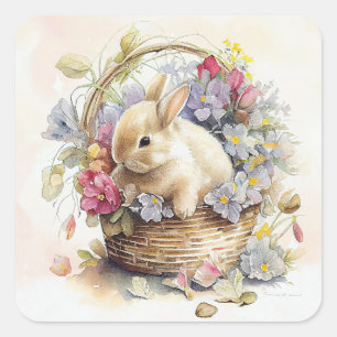 White Bunny Basket Pink Purple Flowers Easter  Square Sticker