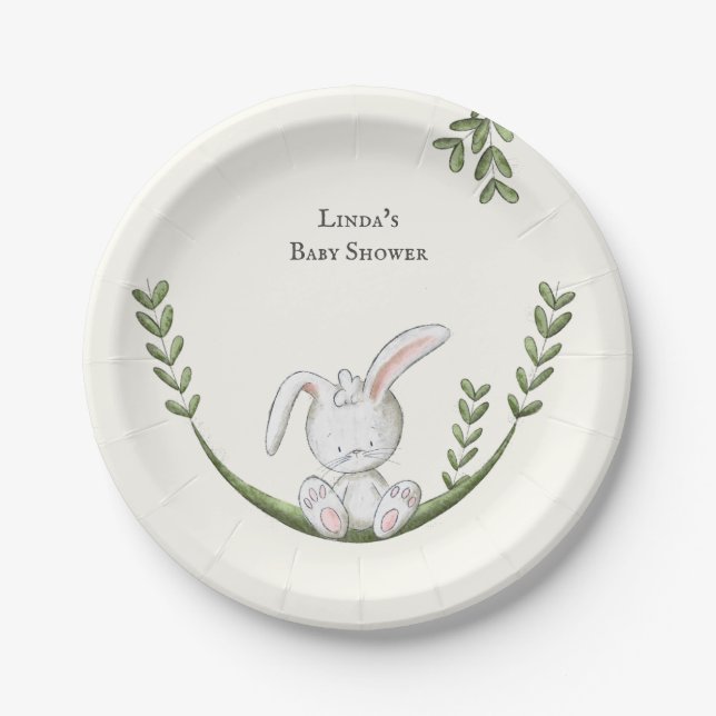White Bunny Botanical Neutral Baby Shower Paper Plate (Front)