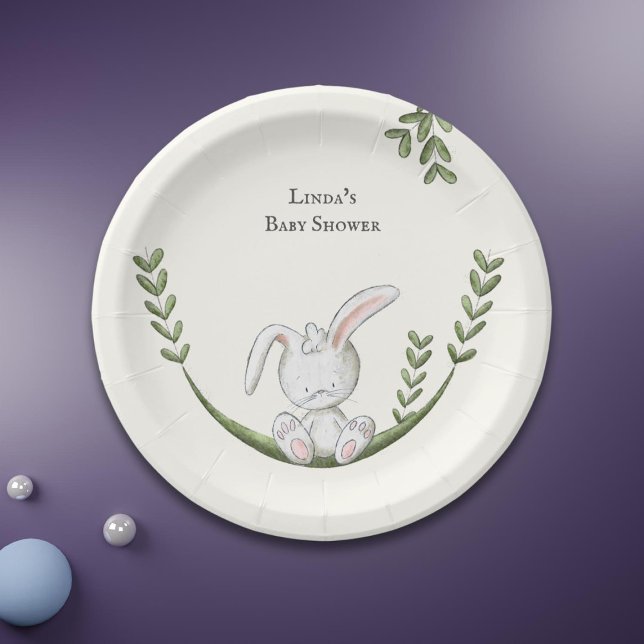 White Bunny Botanical Neutral Baby Shower Paper Plate (Creator Uploaded)