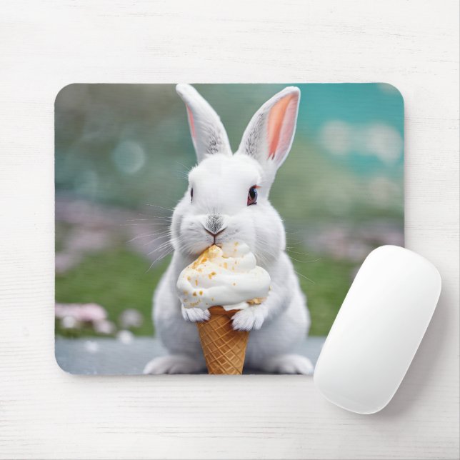 White Bunny Eating An Ice Cream Cone Mouse Mat (With Mouse)