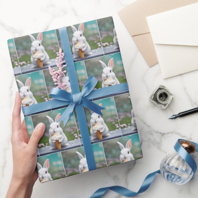 White Bunny Eating An Ice Cream Cone Wrapping Paper (Gifting)