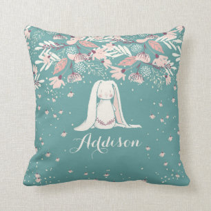 White Bunny & Flowers   Custom Name Cushion