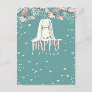 White Bunny & Flowers Happy Birthday Postcard