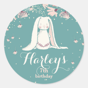 White Bunny & Flowers Kids Birthday Classic Round Sticker