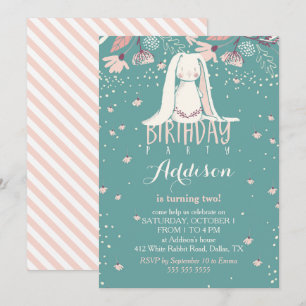 White Bunny & Flowers Pink & Teal Kids Birthday Invitation