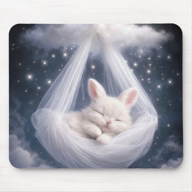 White Bunny Hanging from a Tulle Hammock Mouse Mat (Front)