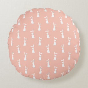 White Bunny Happy Easter Girly Pink Pastel Spring Round Cushion