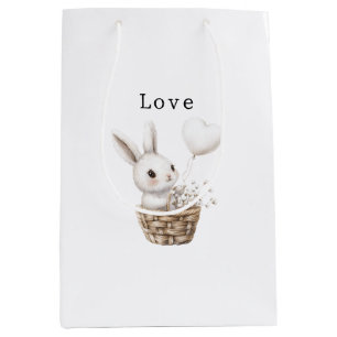 White Bunny Hearts in a Basket Baby Shower Medium Gift Bag