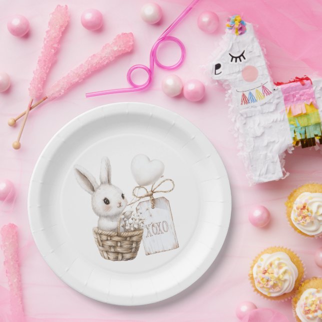 White Bunny Hearts in a Basket Baby Shower XOXO Paper Plate (Party)