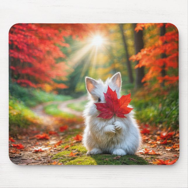 White Bunny Hiding Behind a Red Maple Leaf Mouse Mat (Front)