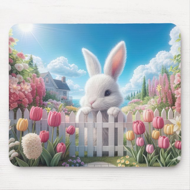 White Bunny In a Spring Garden Mouse Mat (Front)