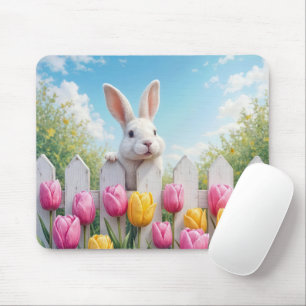 White Bunny In a Tulip Garden Mouse Mat