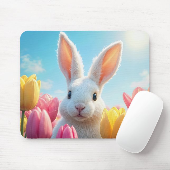 White Bunny In a Tulip Garden Mouse Mat (With Mouse)