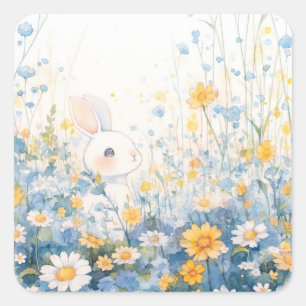 White Bunny in Blue and Yellow Wildflower Garden Square Sticker