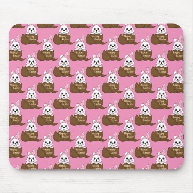 White Bunny in Chocolate Egg Happy Easter Pattern Mouse Mat (Front)