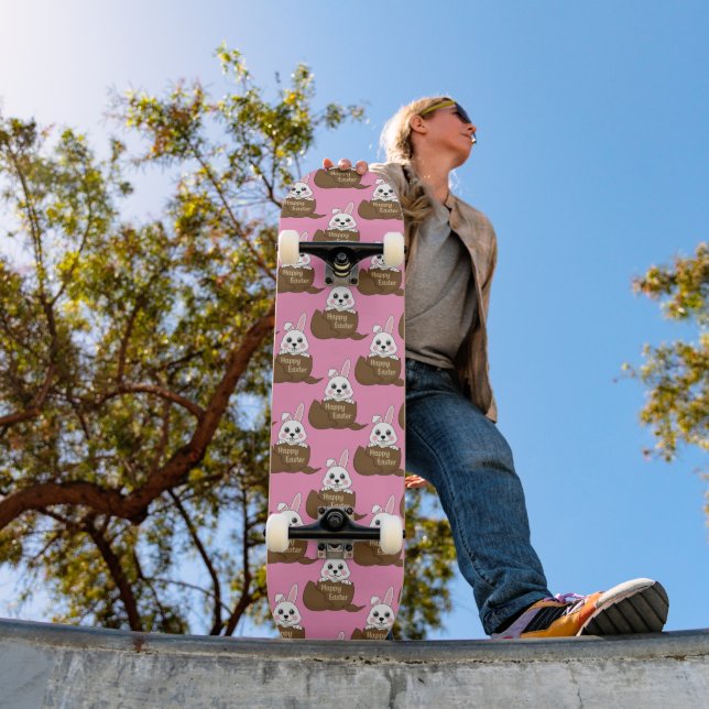 White Bunny in Chocolate Egg Happy Easter Pattern Skateboard (Outdoor 1)
