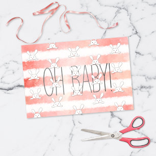 White Bunny Oh Baby Pink Watercolor Stripe Tissue Paper