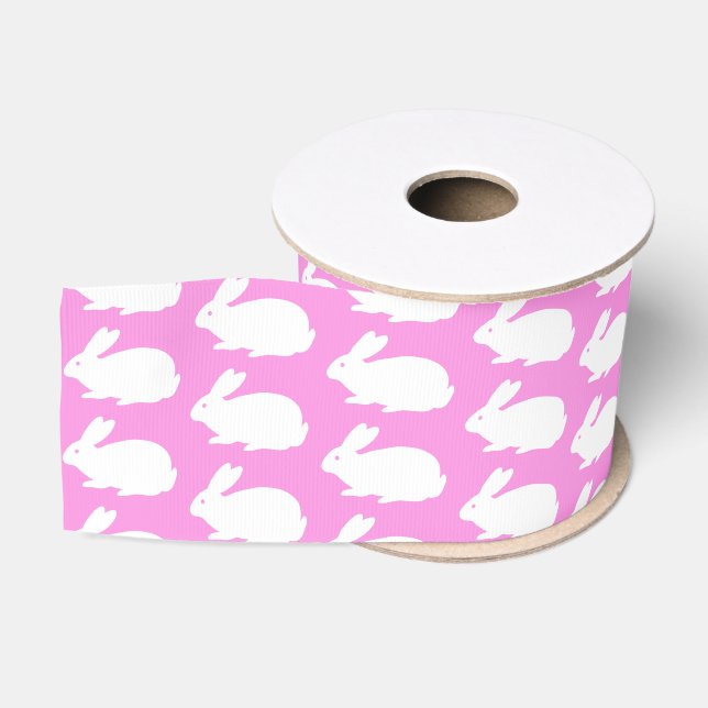 White Bunny Pattern On Pink Grosgrain Ribbon (Spool)