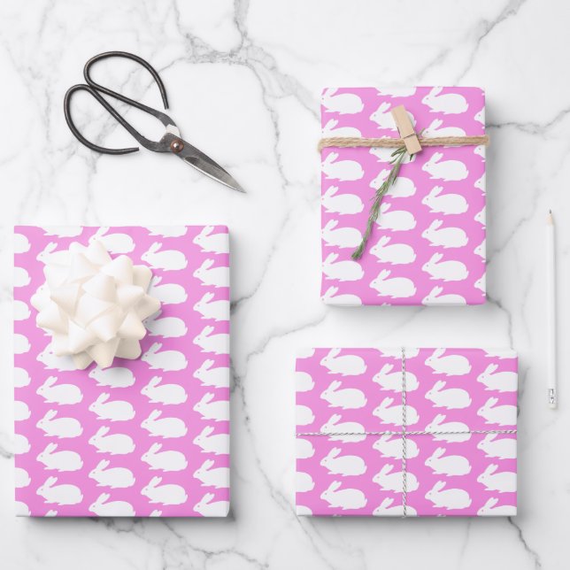 White Bunny Pattern On Pink Wrapping Paper Sheet (Front)