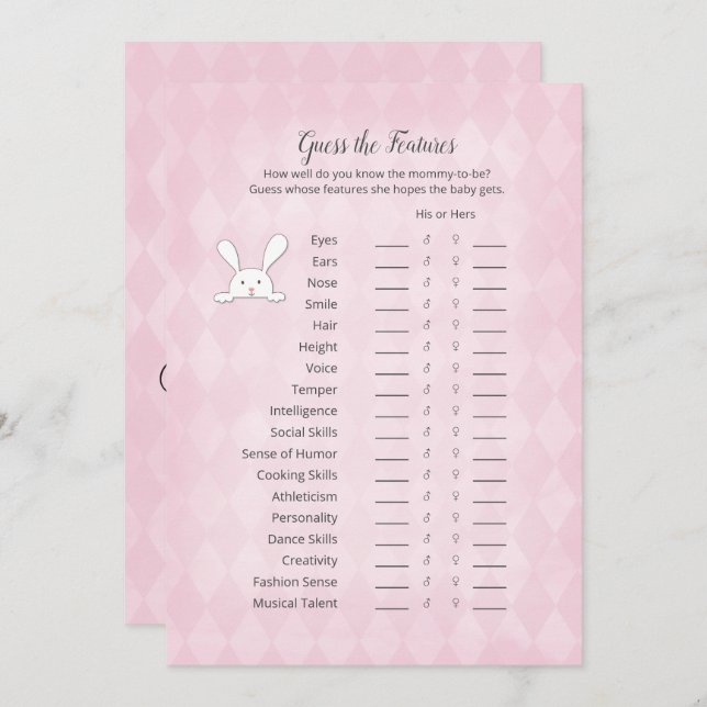 White Bunny Pink Argyle Guess The Features Game Invitation (Front/Back)