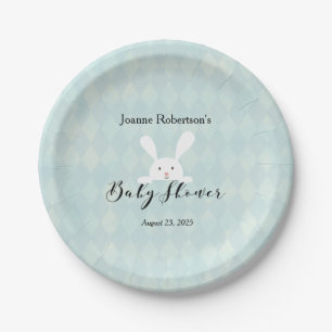 White Bunny Rabbit Baby Shower Aqua Blue Argyle Paper Plate