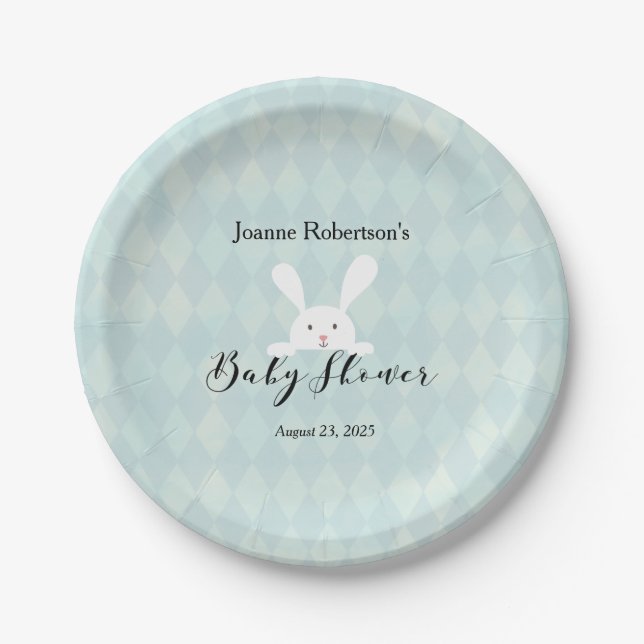 White Bunny Rabbit Baby Shower | Aqua Blue Argyle Paper Plate (Front)