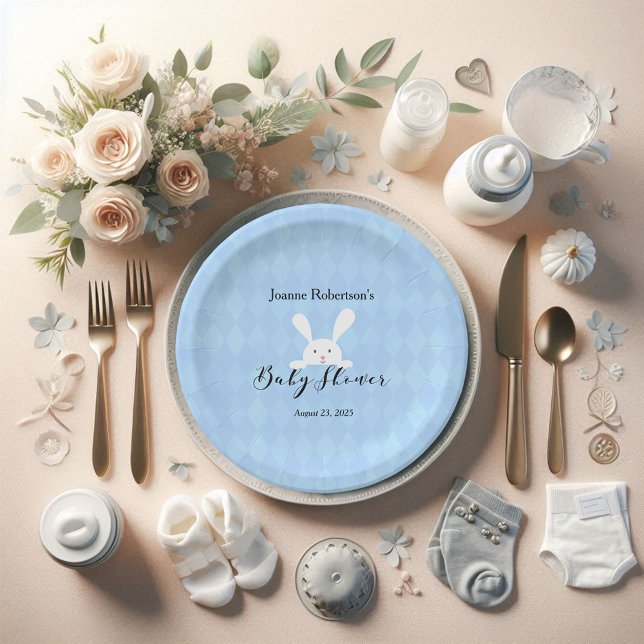 White Bunny Rabbit Baby Shower | Baby Blue Argyle Paper Plate (Creator Uploaded)
