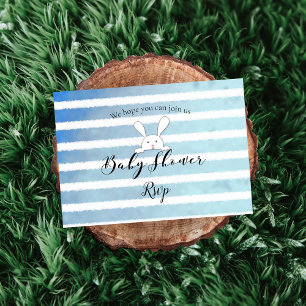 White Bunny Rabbit Baby Shower Blue Stripe RSVP Enclosure Card