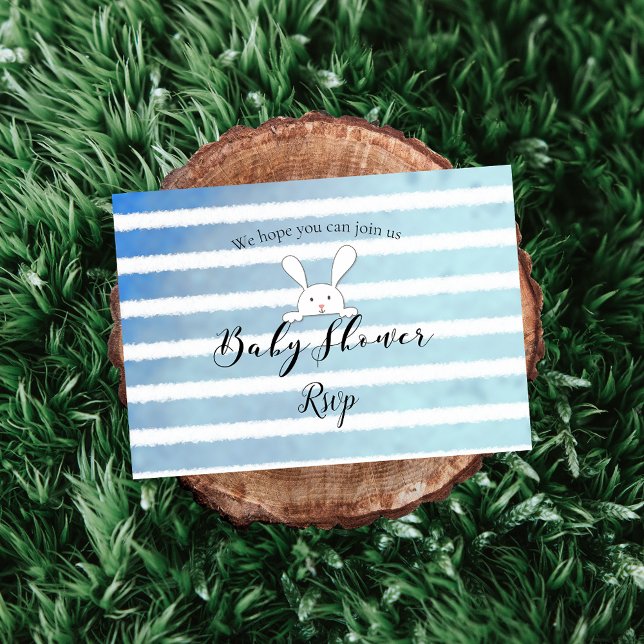 White Bunny Rabbit Baby Shower Blue Stripe RSVP Enclosure Card (Creator Uploaded)