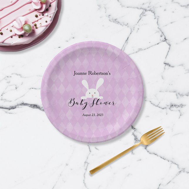 White Bunny Rabbit Baby Shower | Purple Argyle Paper Plate (Creator Uploaded)