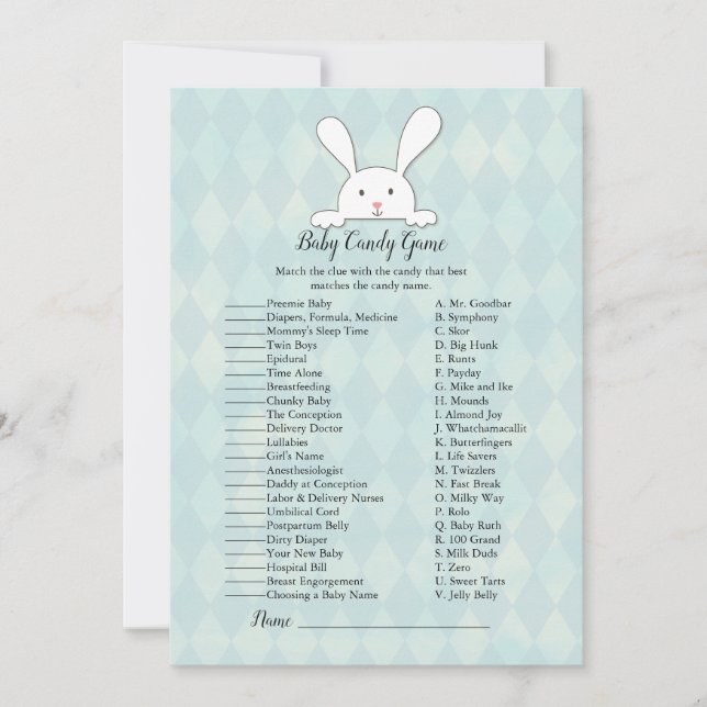 White Bunny Rabbit Candy Baby Shower Game Invitation (Front)