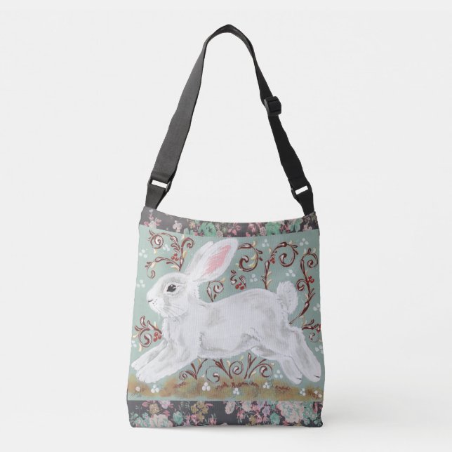 White Bunny Rabbit Floral Aqua Cross Body Tote Bag (Front)