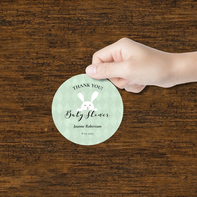 White Bunny Rabbit Green Diamond Baby Shower Classic Round Sticker (Creator Uploaded)