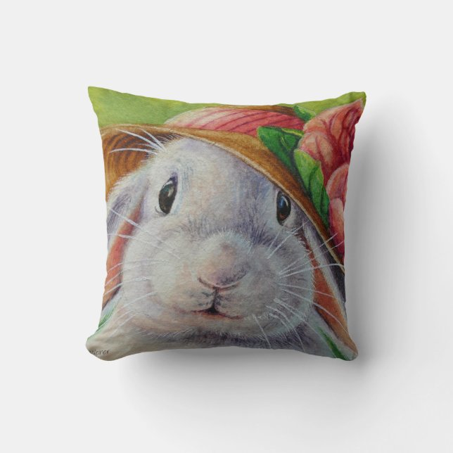 White Bunny Rabbit in Spring Bonnet Watercolor Art Cushion (Front)